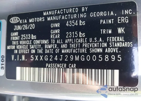 2021 Kia K5 Lx z USA, uszkodzony, nr VIN 5XXG24J29MG005895